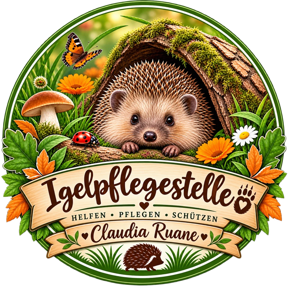 Logo der Igelpflegestelle Claudia Ruane: ein Igel schaut aus einem bemoosten Baumstamm, umgeben von Blumen, Pilz, Marienkäfer und Schmetterling